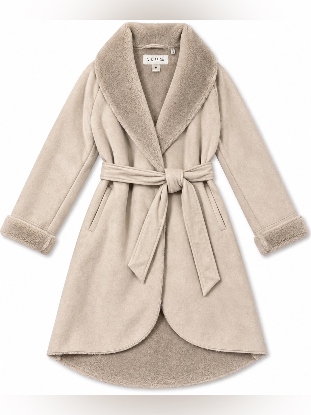 Via Spiga Women’s Medium Faux Suede Faux Fur Lined Belted Long Coat Beige